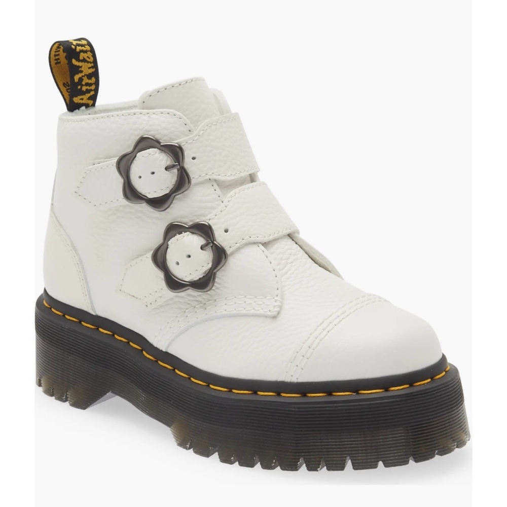 Dr Martens Devon Flower Buckle white leather platform boots